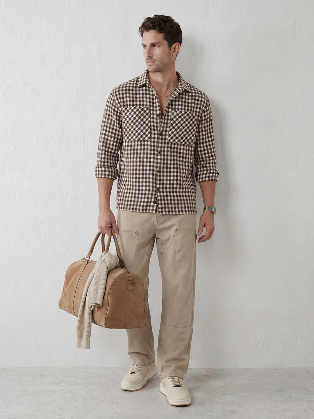 Comfort Fit Double Pocket Checkered Shirt | Brown