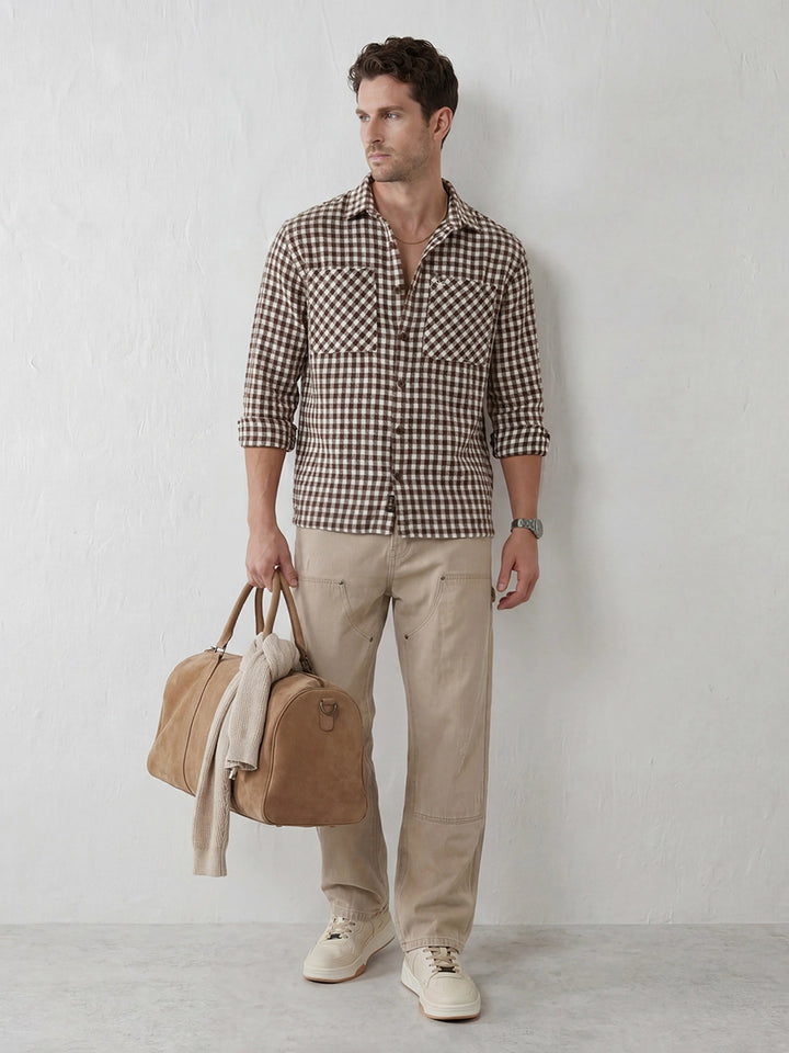 Comfort Fit Double Pocket Checkered Shirt | Brown