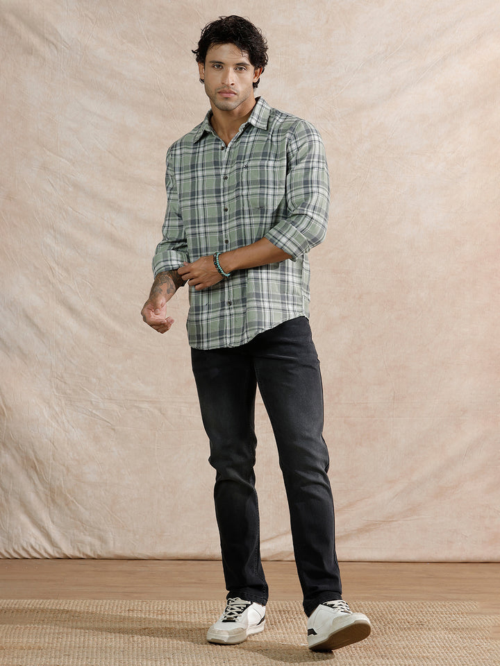 Dobby Textured Checks Regular Fit Shirt | Green