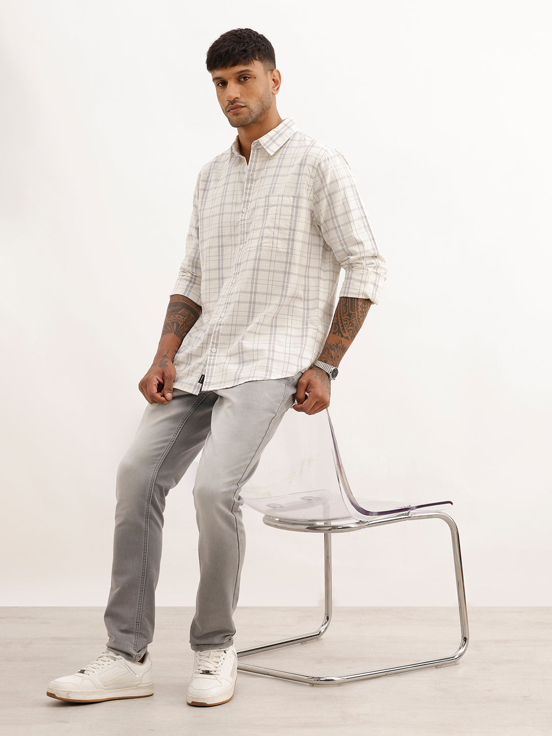 Slim Fit Checkered Full Sleeve Shirt | Off White