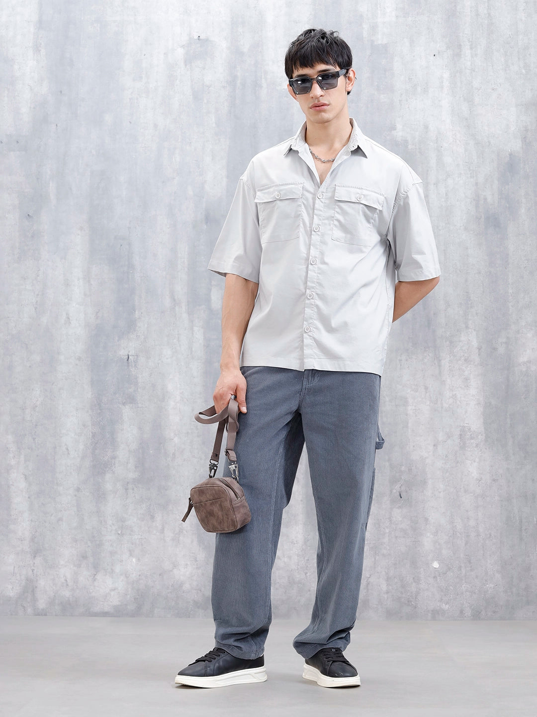 Wrogn Men's Oversized Plus Double Pocket Shirt | Grey