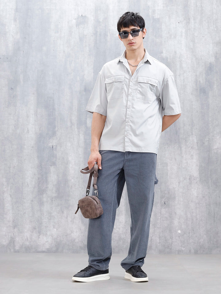 Wrogn Men's Oversized Plus Double Pocket Shirt | Grey