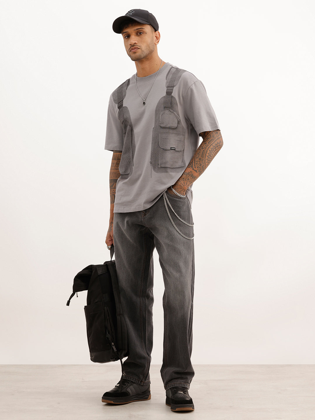 Oversized Placement Printed T-Shirt | Grey