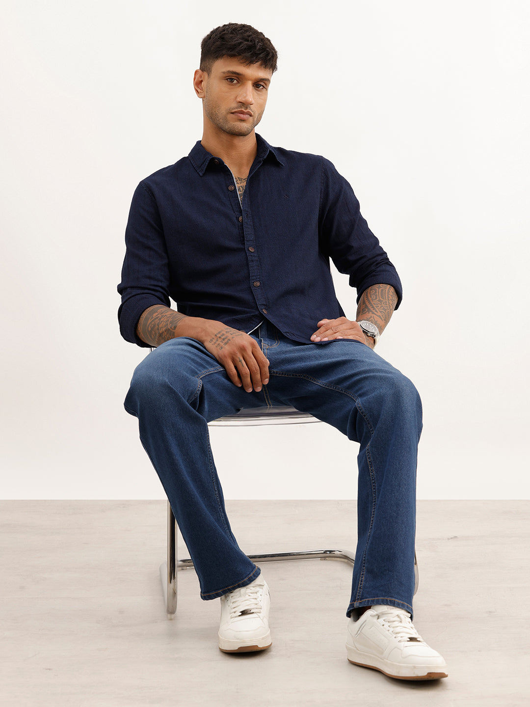 Textured Slim Fit Full Sleeve T-Shirt | Navy Blue