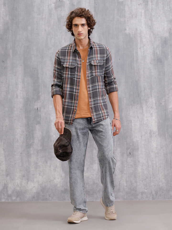 Textured Utility Check Shirt In Slim Fit  | Dark Grey