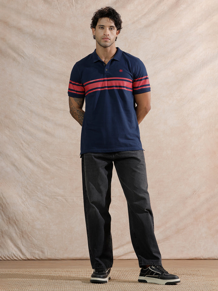 Striped Slim Fit Polo T-Shirt  | Navy Blue