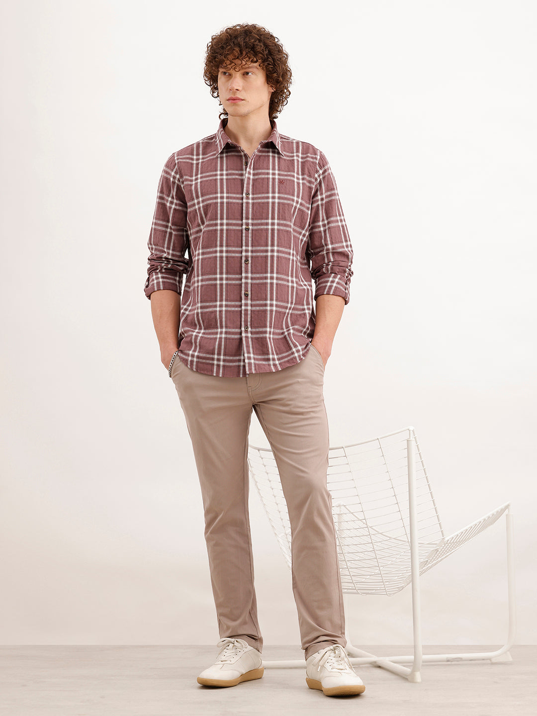 Slim Fit Checkered Shirt  | Peach