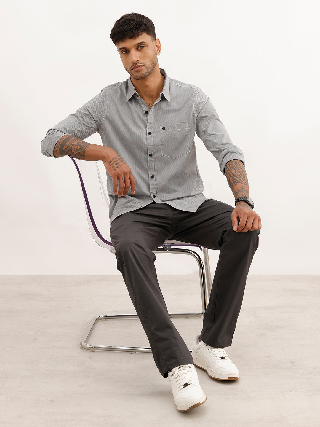 Regular Fit Checkered Full Sleeve Shirt | Grey | WWSH9194F