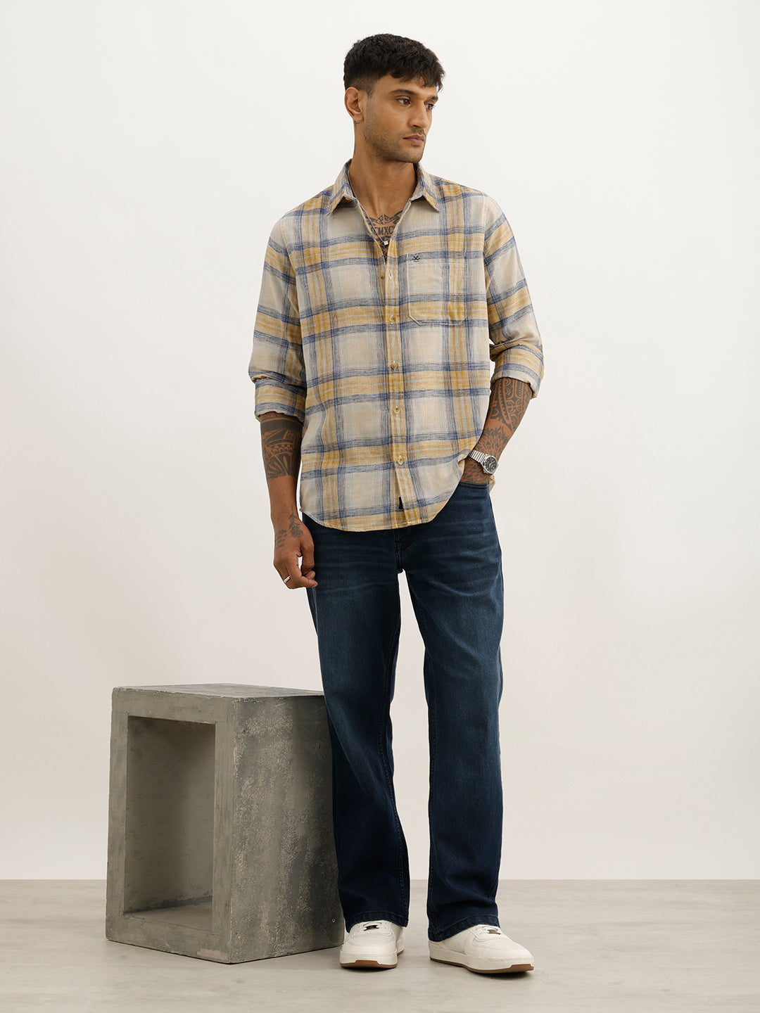 Classic Slim Fit Checkered Shirt | Beige