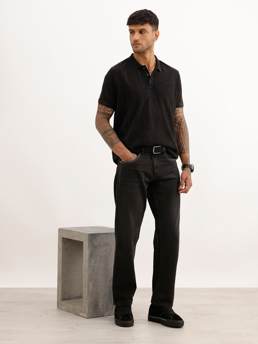 Slim Fit Faded Cut & Sew Polo T-Shirt | Black
