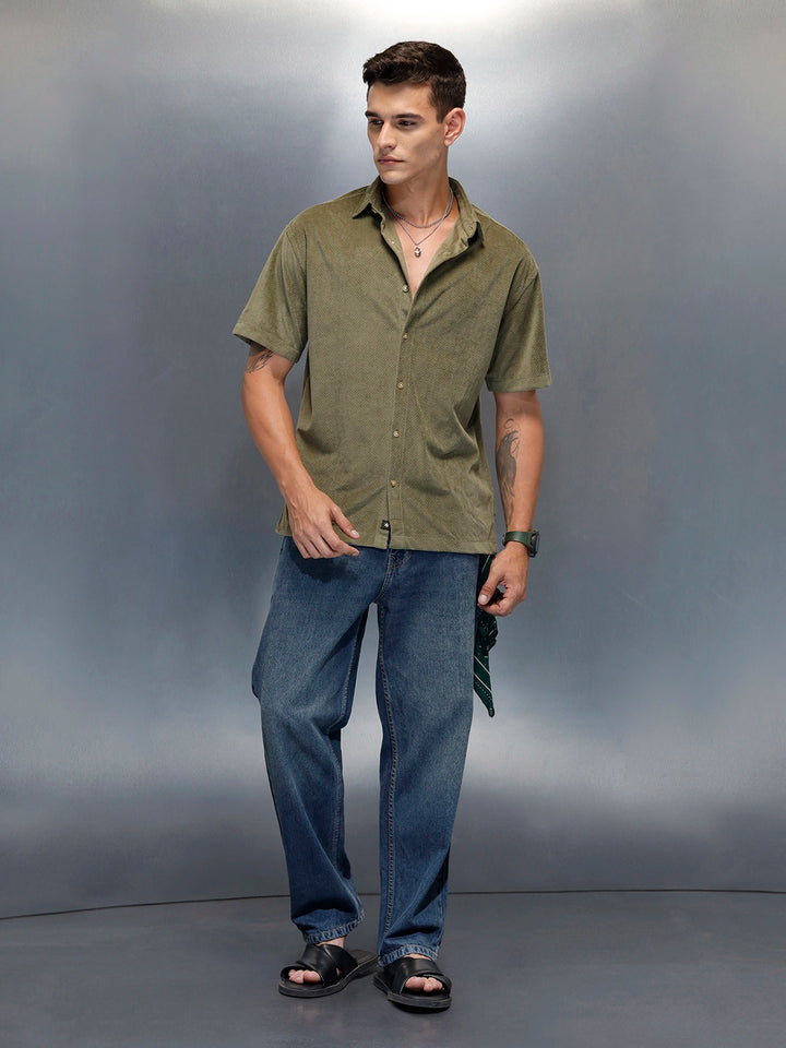 Textured Classic Men’s Oversized Fit Shirt | Olive