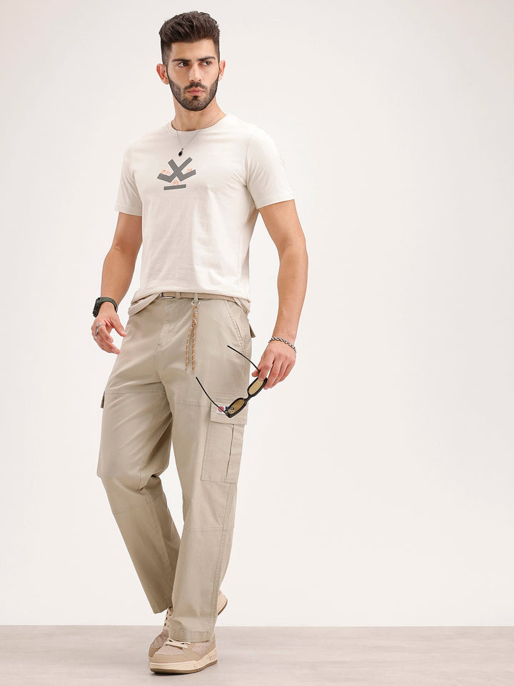 Solid Slim Fit Printed T-Shirt | Beige