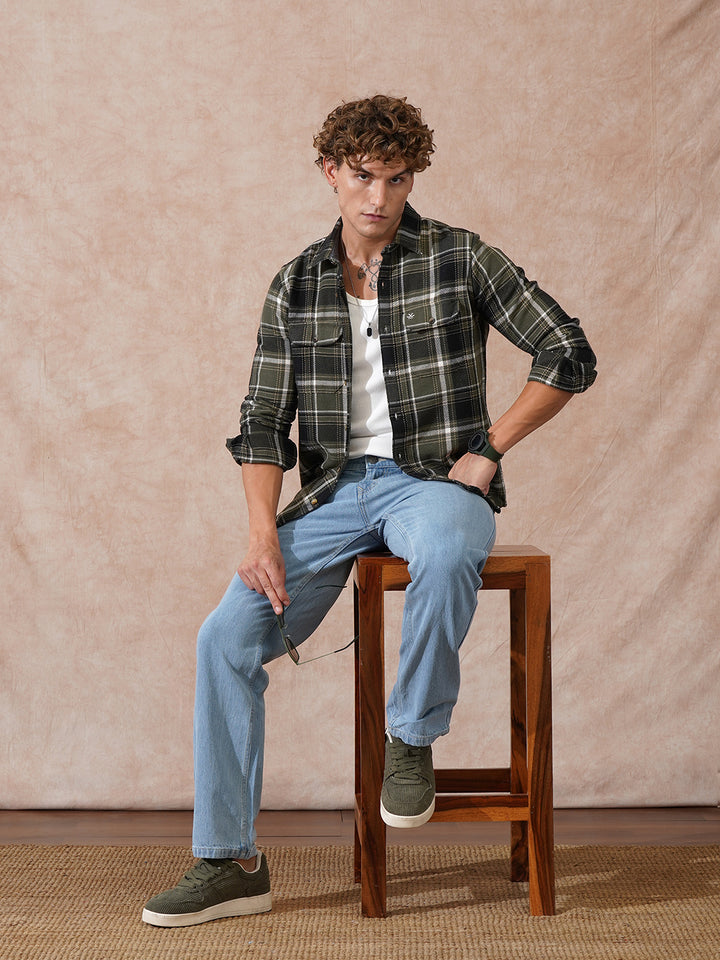 Double Pocket Checked Shirt | Olive