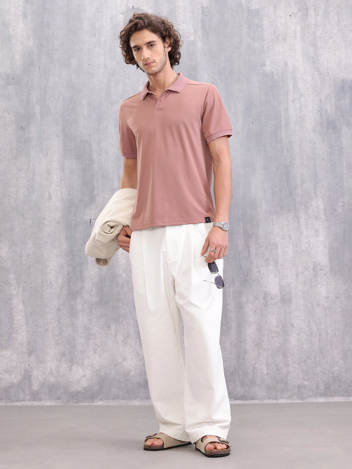 Solid Textured Slim Fit Polo T-Shirt | Pink