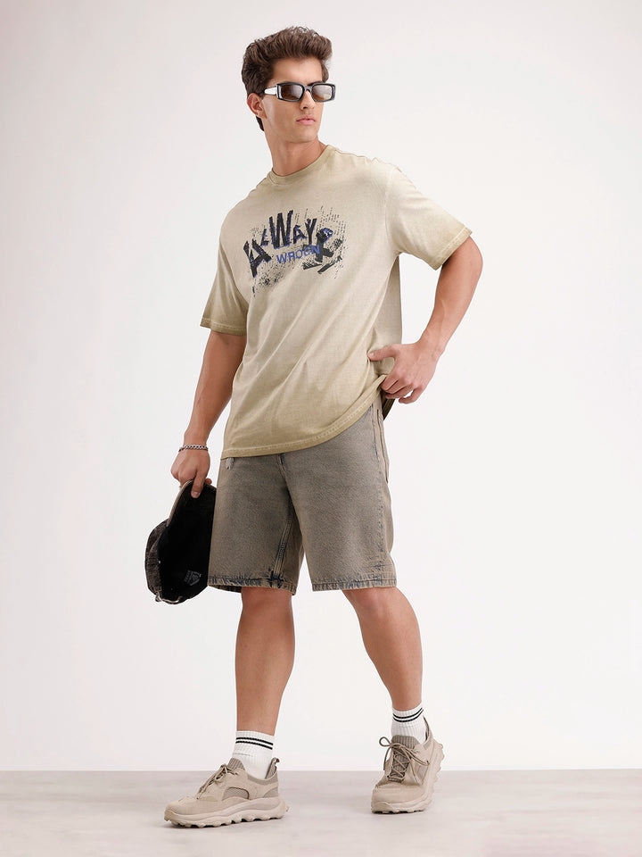 Oversized Washed Placement Printed T-Shirt | Khaki