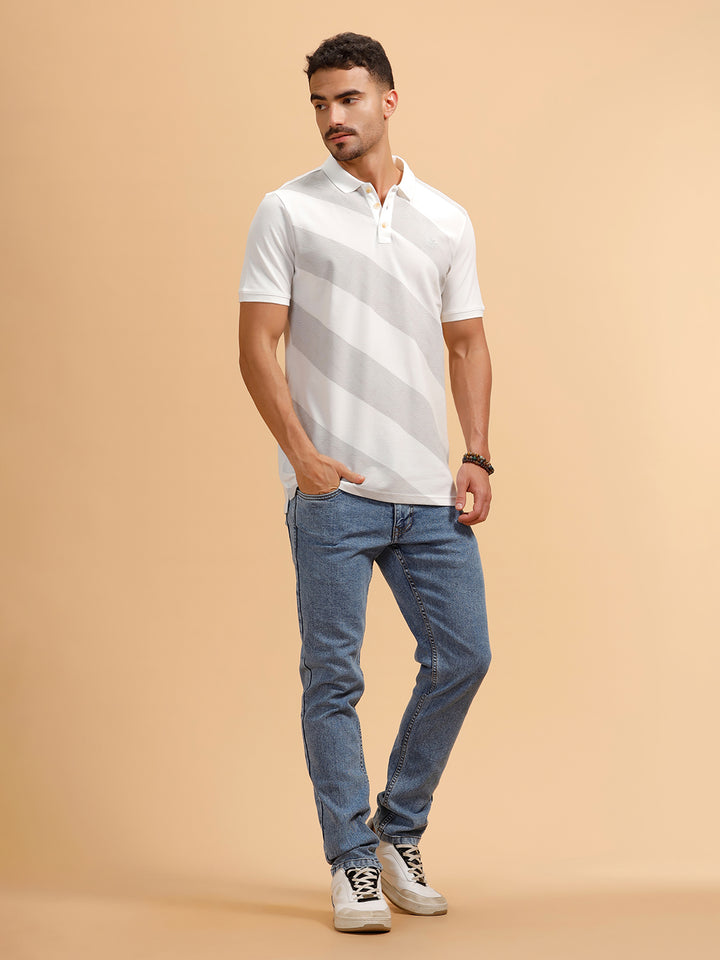 Angular Stripes Slim Fit Polo T-Shirt | White