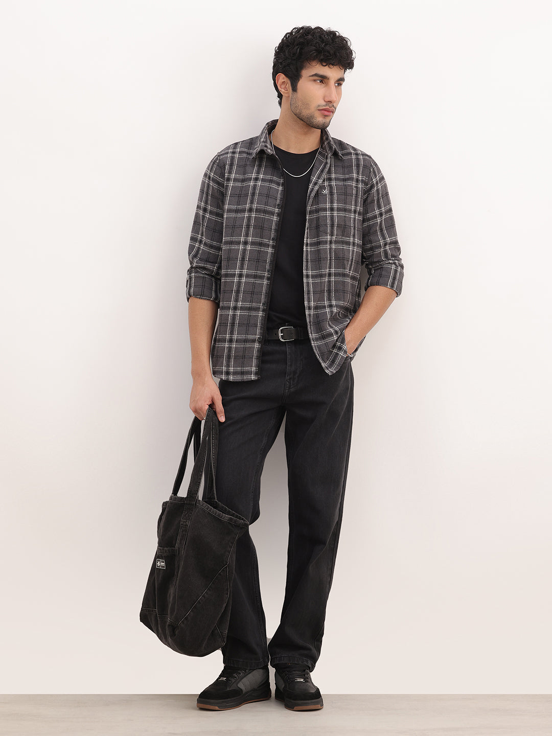 Slim Fit Checkered Full Sleeve Shirt | Dark Grey