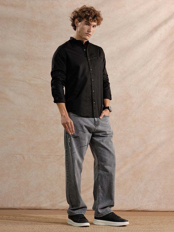 Mandarin Collar Regular Fit Shirt | Black