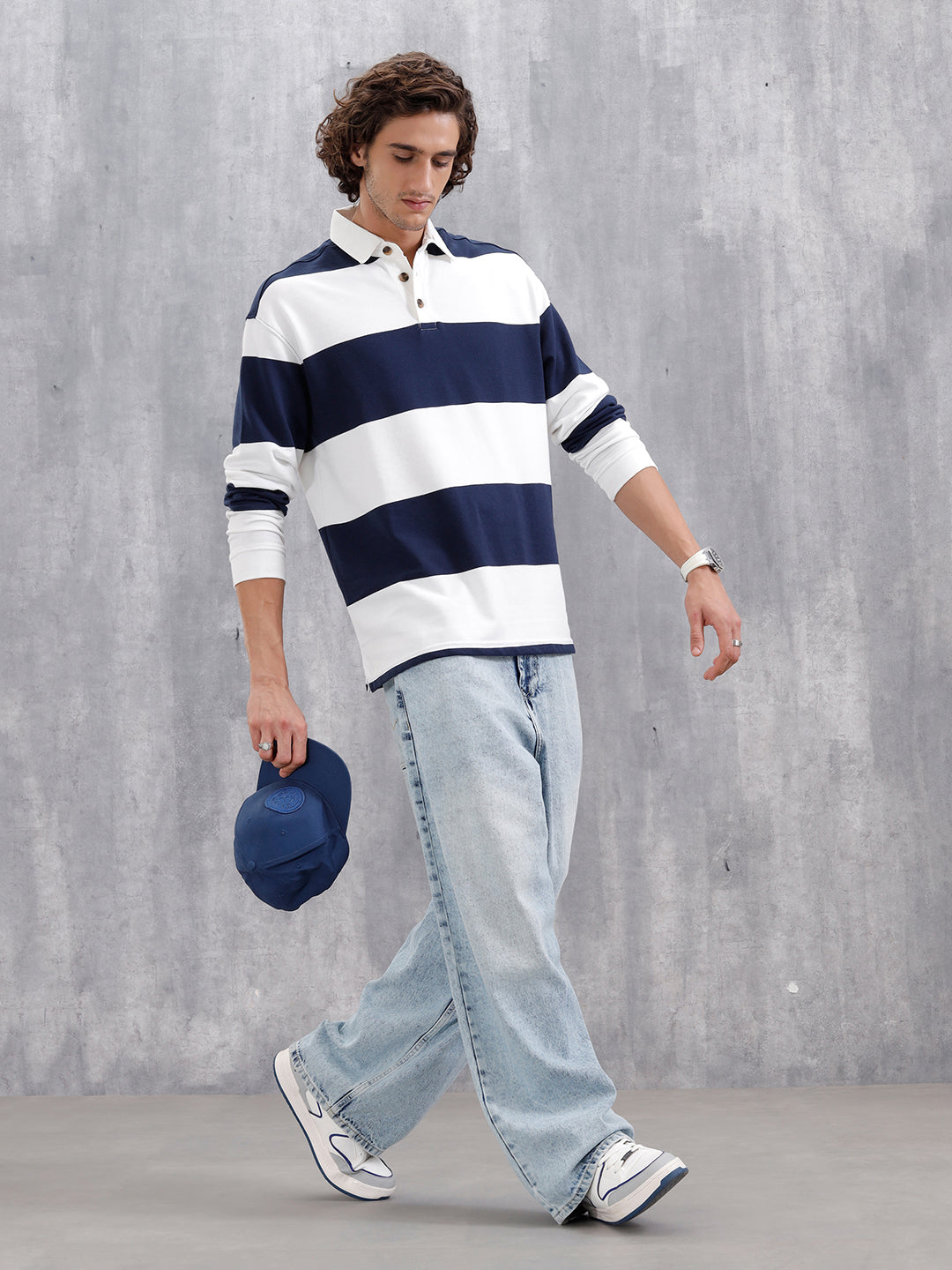 Yarn Dyed Striped Rugby Polo With Twill Collar | Navy Blue