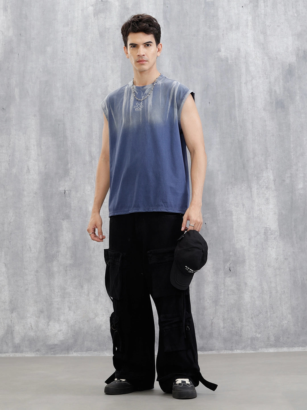 Washed Cut Off Sleeves T-Shirt | Blue
