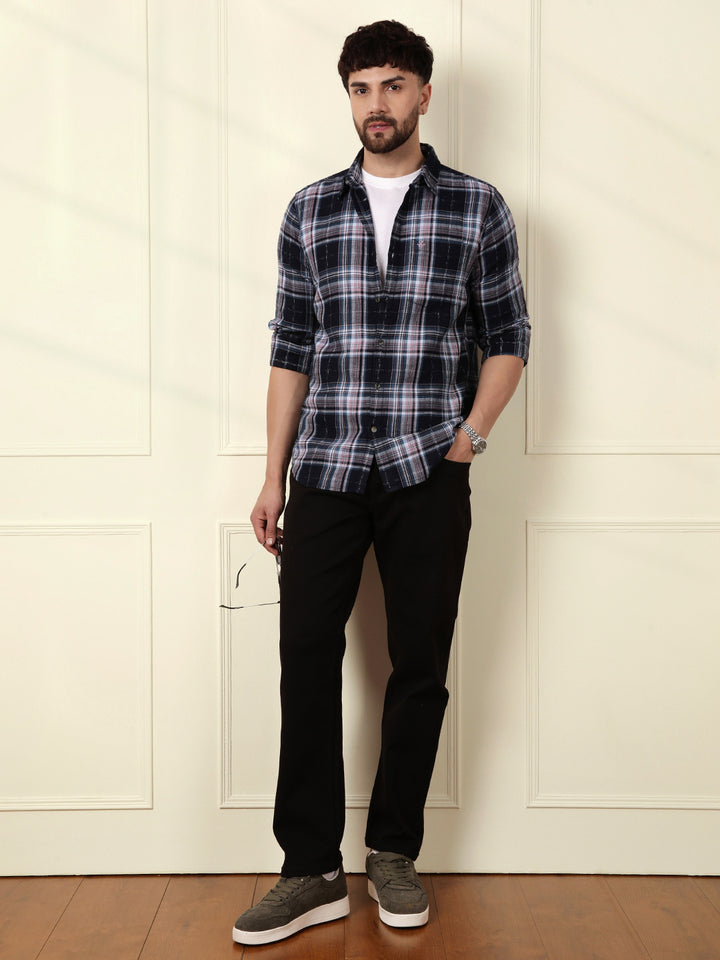 Cotton Checks Slim Fit Shirt | Black