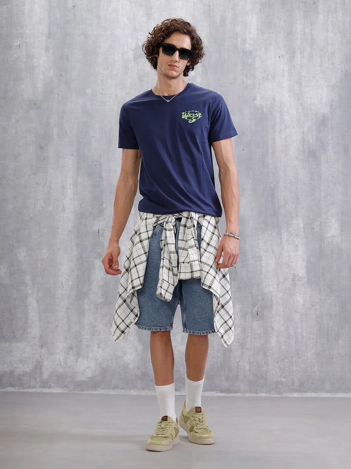 Placement Printed Slim Fit T-Shirt  | Navy Blue