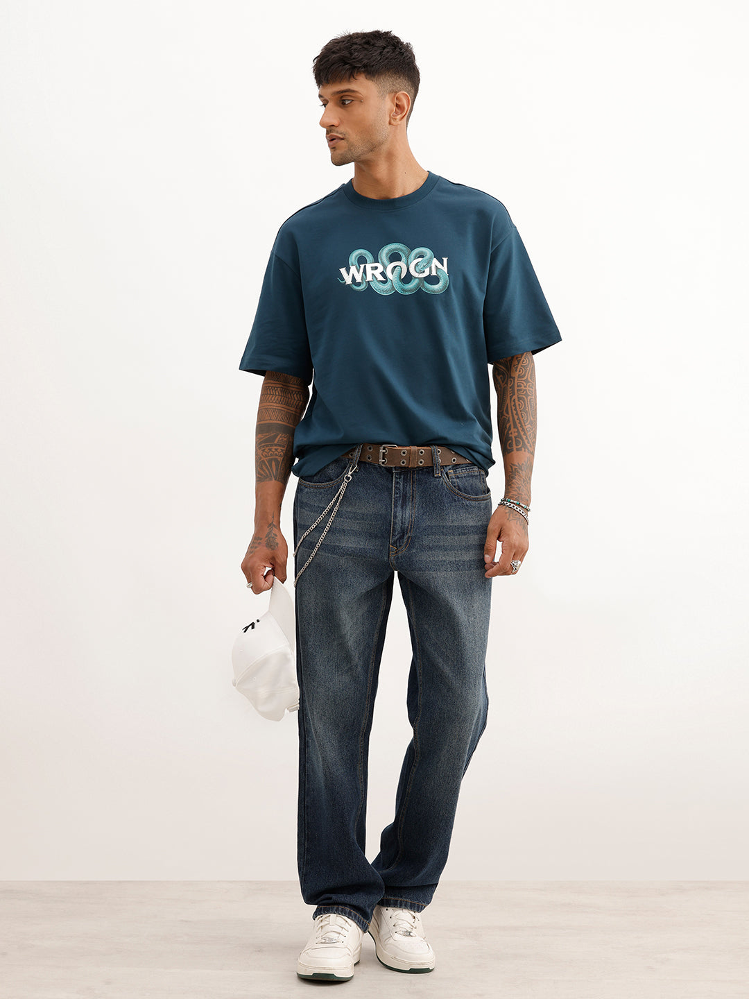 Oversized Placement Foil Printed T-Shirt | Dark Blue