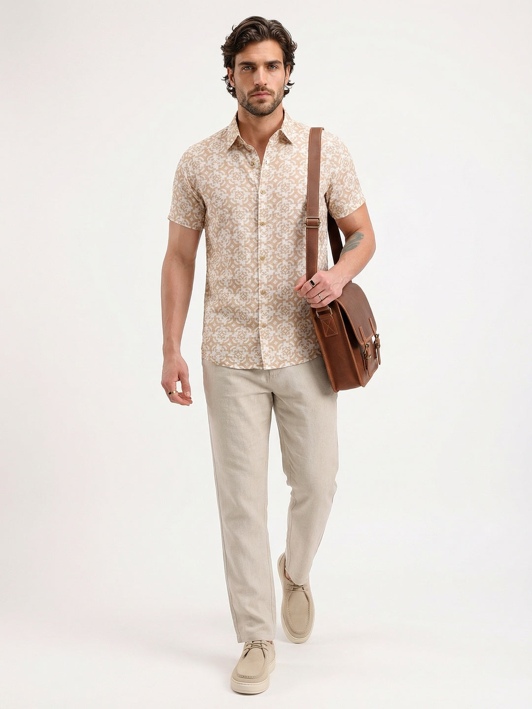 Slim Fit AOP Half Sleeve Shirt | Beige