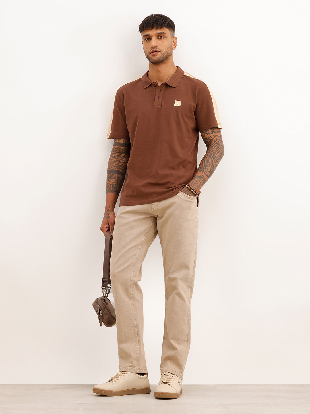 Regular Fit Contrast Sleeve Polo T-Shirt | Brown
