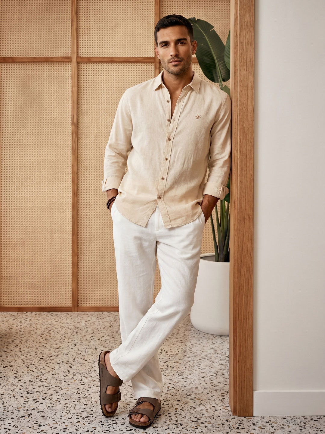 Solid Linen Blend Slim Fit Shirt | Beige