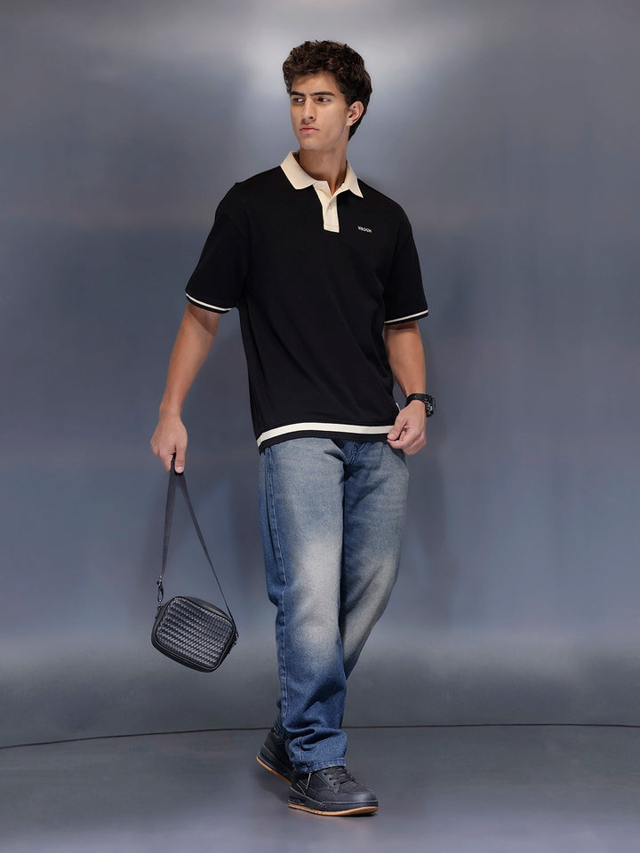 Men's Casual Oversized Contrast Detail Polo T-shirt  |  Black