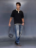 Men's Casual Oversized Contrast Detail Polo T-shirt  |  Black