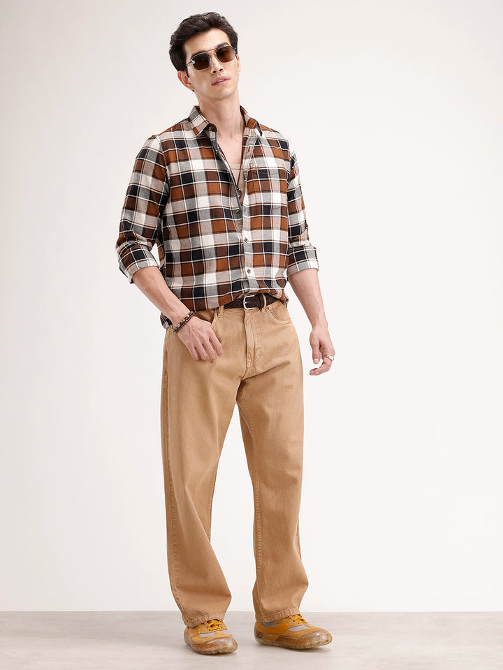 Slim Fit Checkered Shirt | Brown