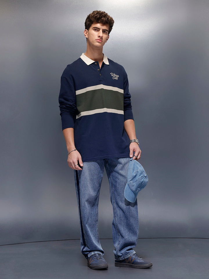 Classic Oversized Full Sleeves Polo T-Shirt  | Navy Blue