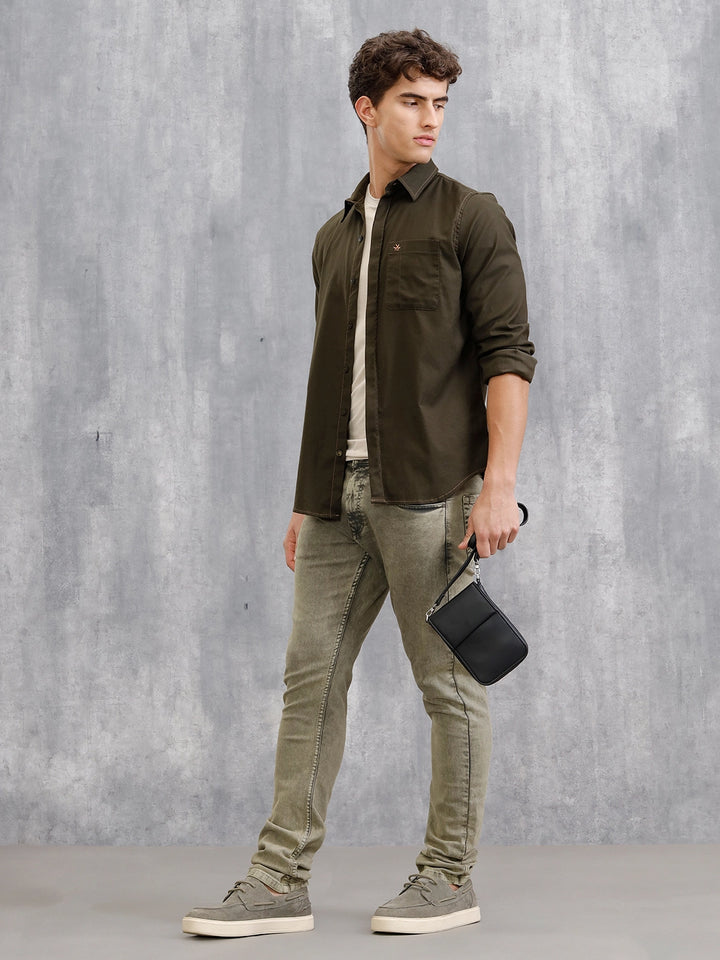 100% Cotton Enzyme Washed Regular Fit Shirt Wiht Contrast Stitch Line I Olive