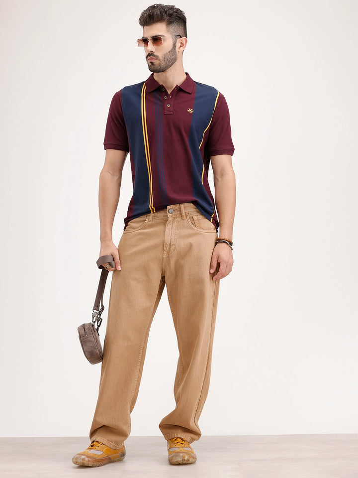 Slim Fit Pannel Printed Polo T-Shirt | Maroon