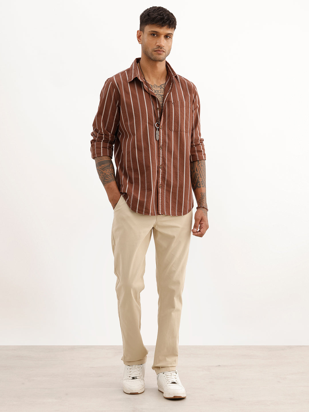 Slim Fit Textured Striped Shirt | Brown