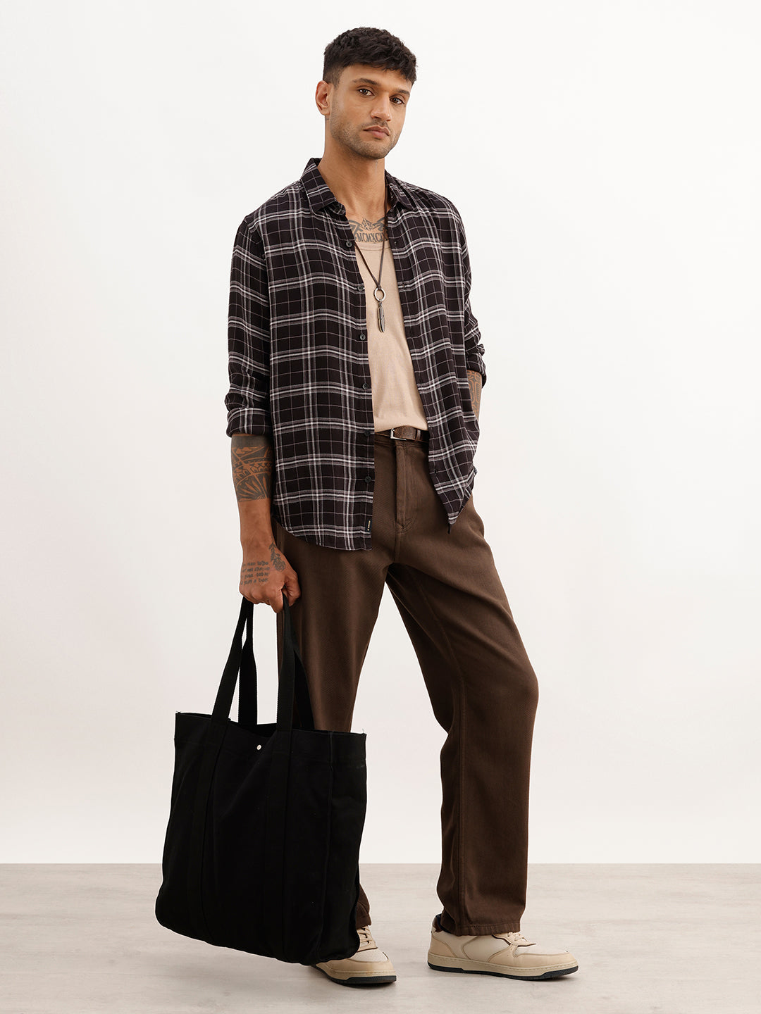 Slim Fit Checkered Full Sleeve Shirt | Black