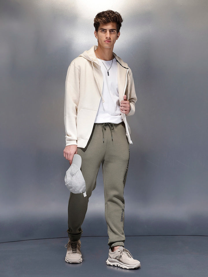 Men's casual slim fit jogger with typographic print design | Olive