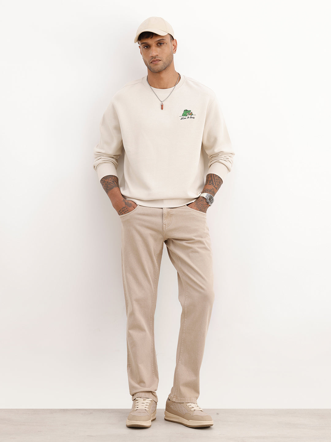 Comfort Fit Embroidered Detail Sweatshirt | Beige
