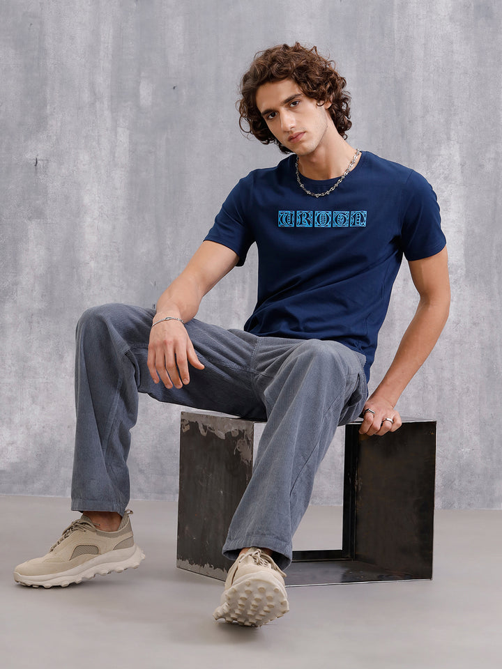 Ancient Script Inspired 3D Print Brand Carrier T-Shirt  | Navy Blue