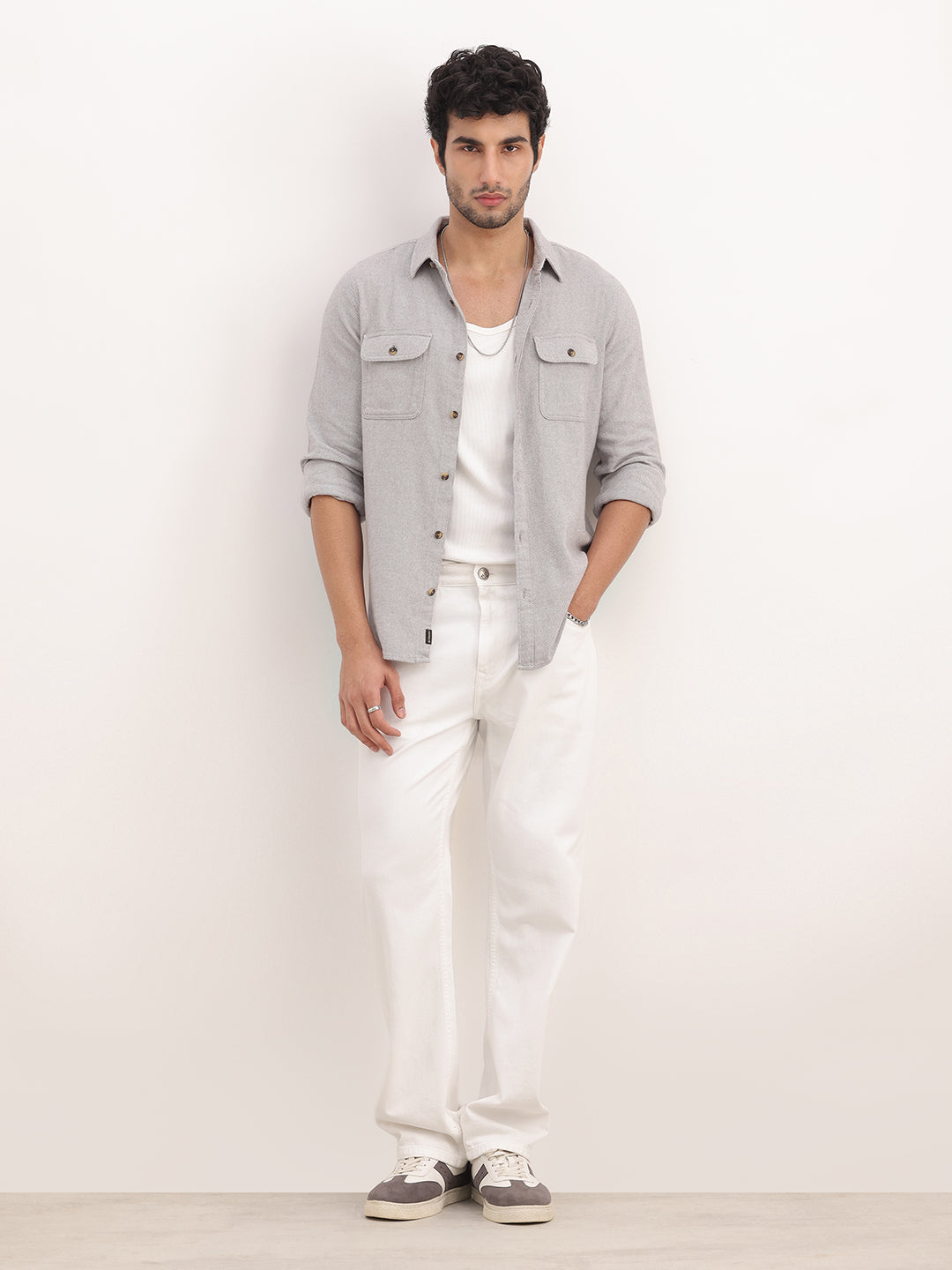 Slim Fit Double Pocket Full Sleeve Shirt | Grey