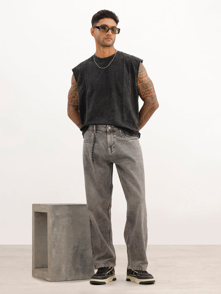 Washed Cut Off Sleeves T-Shirt | Black
