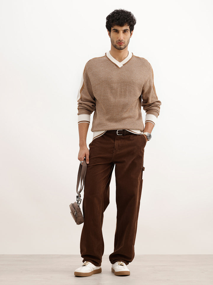 Comfort Fit Contrast Collar Knitted Sweater | Beige