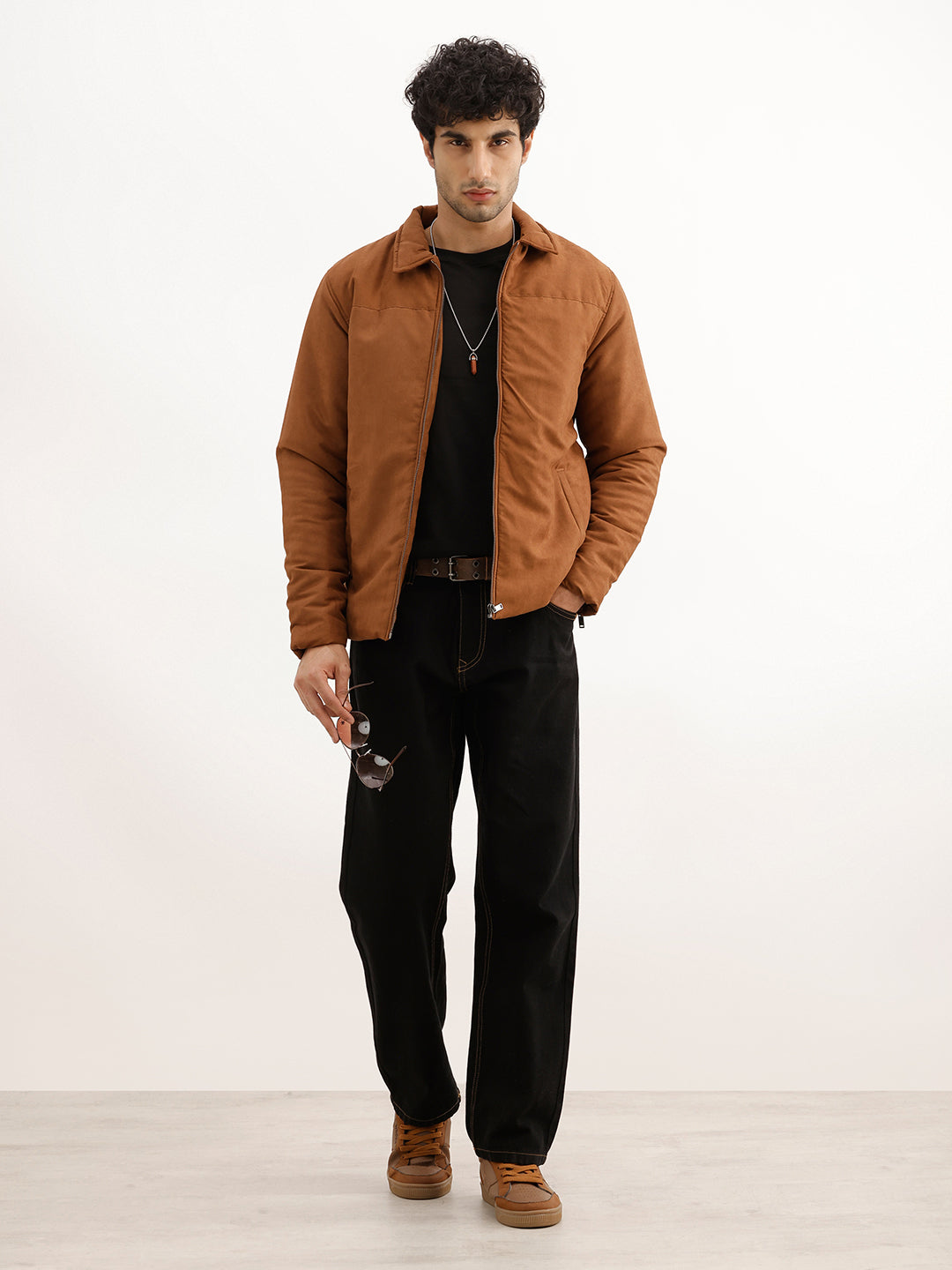 Solid Regular Fit Zipper Jacket | Brown