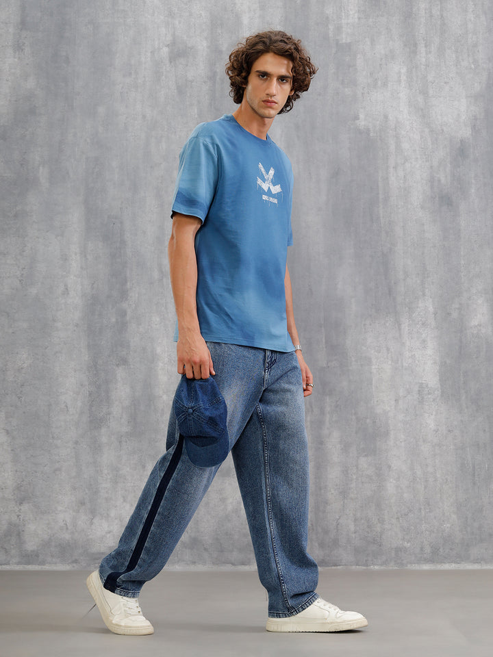 Smokey Pigment Spray With Grunge Logo Print Oversized Crew Neck T-Shirt | Blue