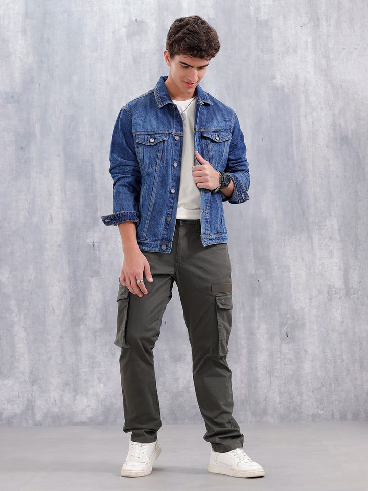 Slim Fit Laser Printed Denim Trucker | Dark Wash