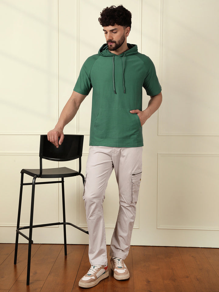 Solid Teal Half Sleeve Hooded T-Shirt