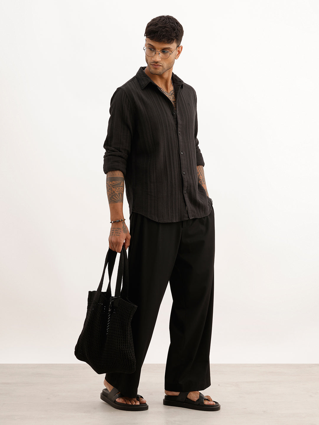 Textured Slim Fit Striped Shirt | Black