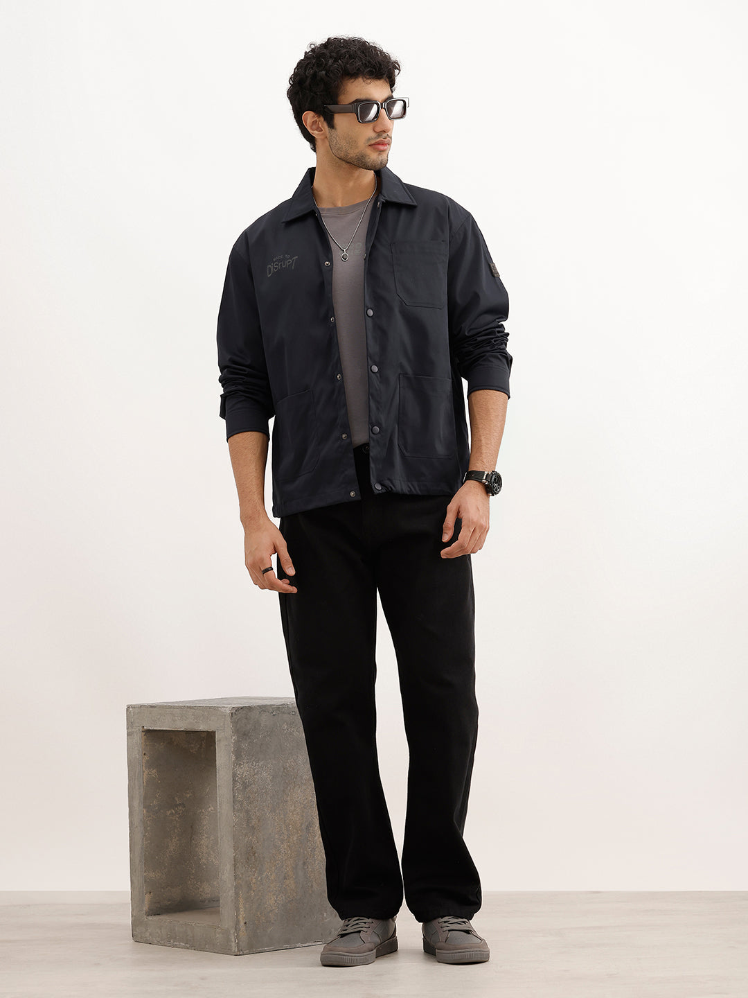 Comfort Fit Placement Printed Zipper Jacket | Blue